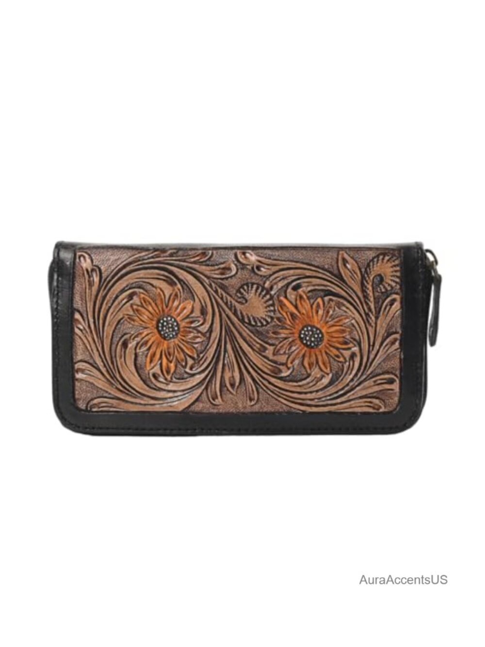 Faux Leather Wallet Sunflower Tooled Zip-Around Wristlet
